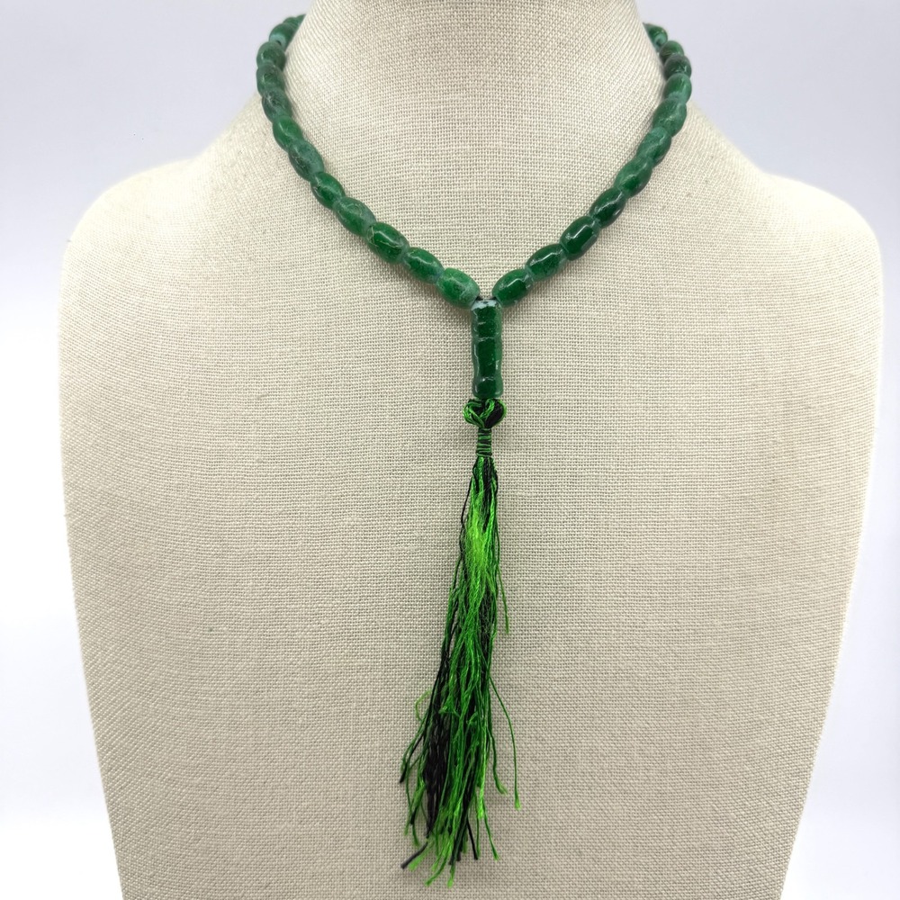Green Stone Look Beaded Tassel Necklace Mala Prayer Beads Boho Meditation Yoga